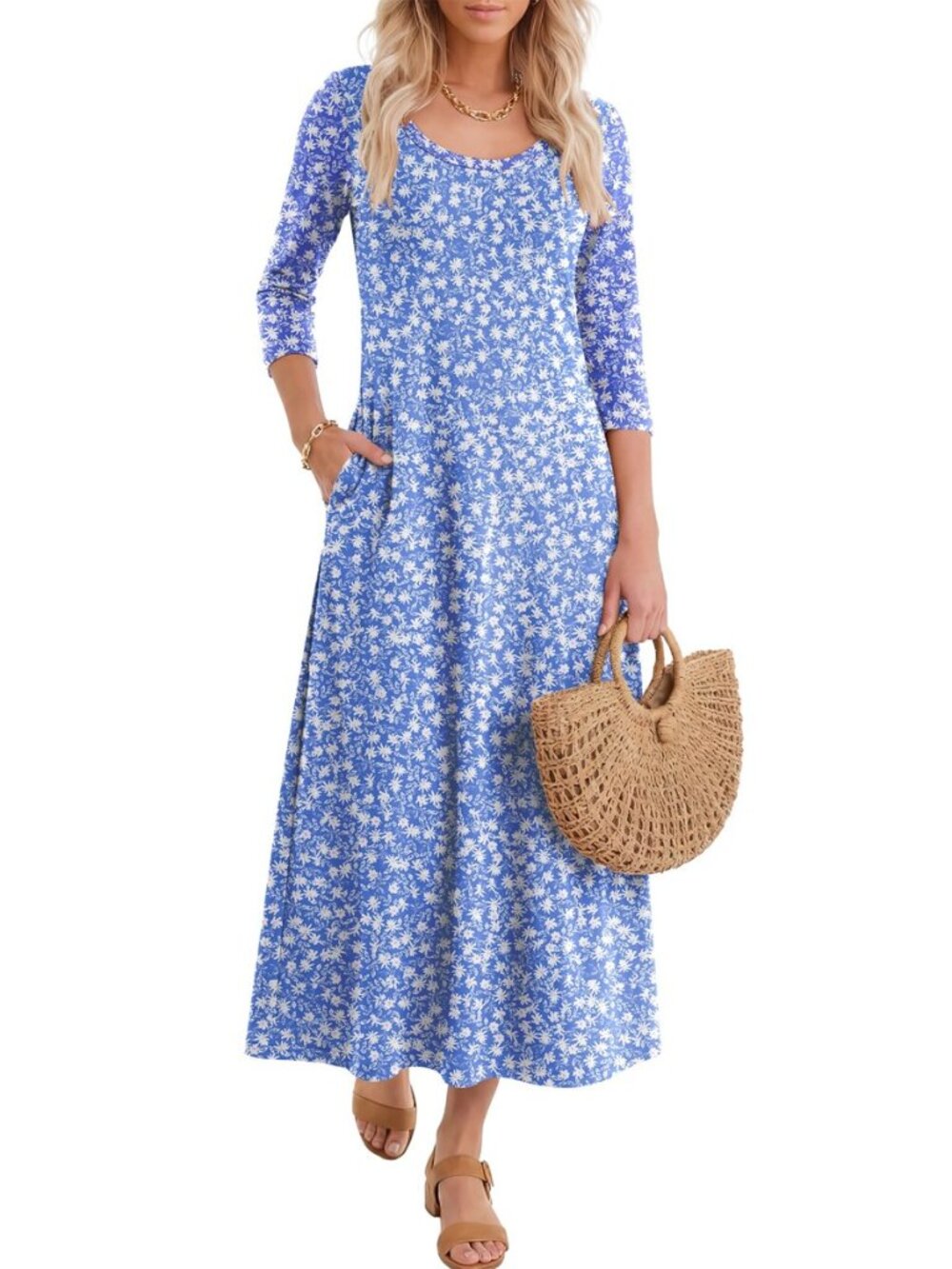 Womens 3/4 Sleeve Scoop Neck Casual Maxi Dress